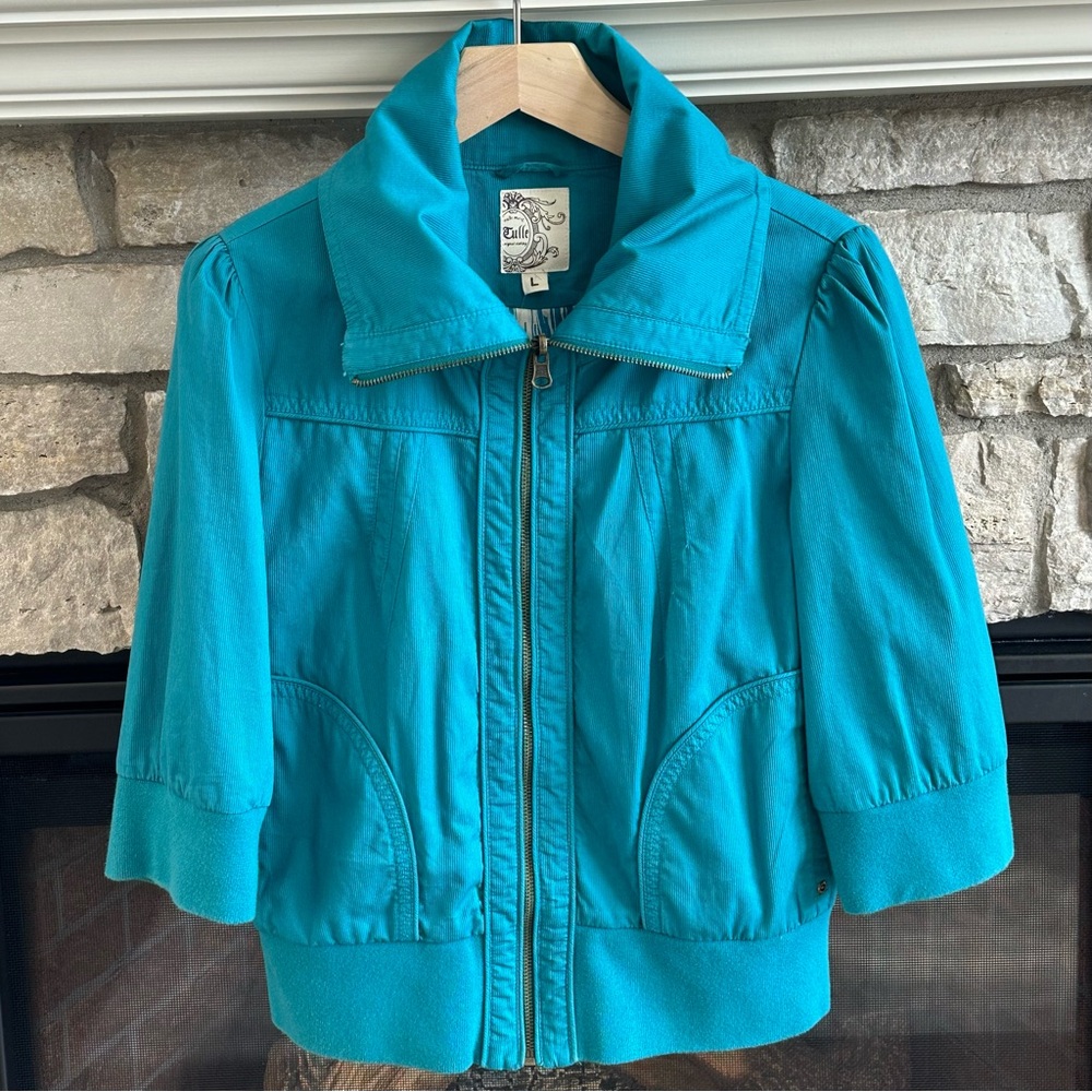 ✨NWT✨ Tulle Corduroy zip up jacket with large collar 3/4 length sleeves size L